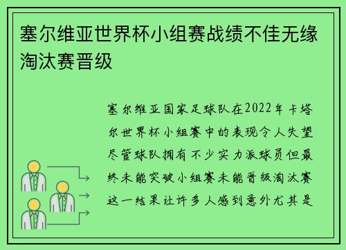 塞尔维亚世界杯小组赛战绩不佳无缘淘汰赛晋级